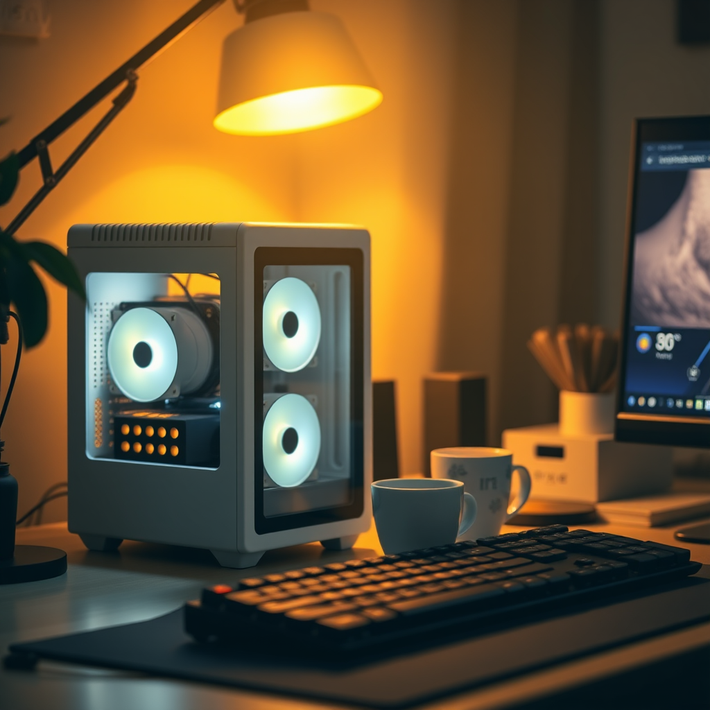 初めての1枚。プロンプトは「夜の机、光るファンの小さなPC、コーヒー、メカニカルキーボード」